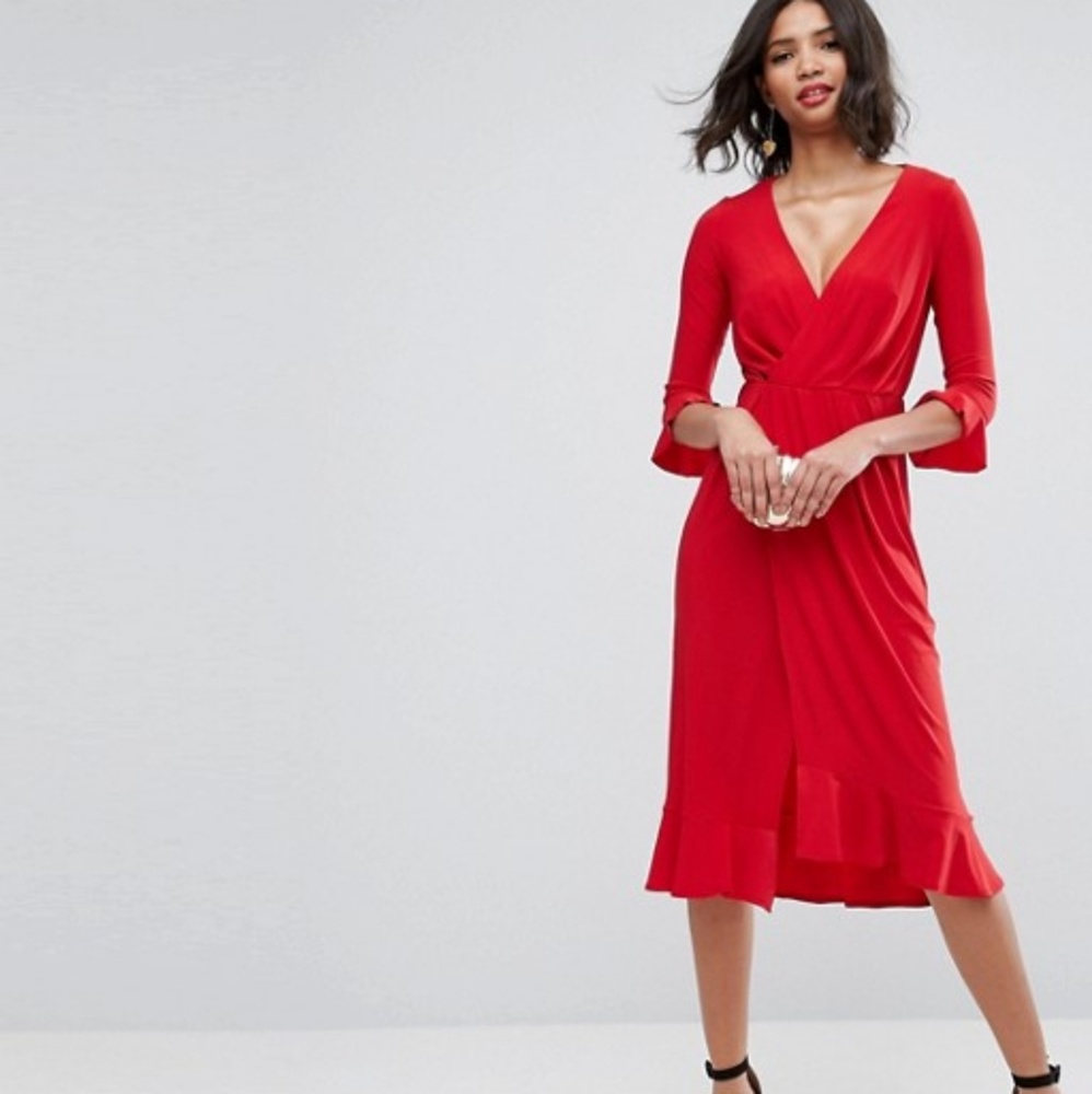 ASOS Wrap Front Midi Dress With Frill Detail